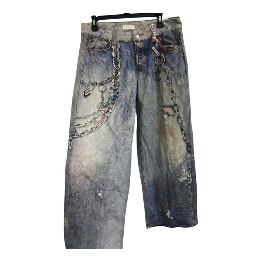 Goth Chainlink print vintage dirty wash low rise denim baggy jeans size 9 new